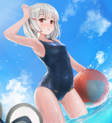 Rule 34 | 1girl, animal ears, arm up, armpits, ball, beachball, blue one-piece swimsuit, blue sky, blush, breasts, cloud, collarbone, covered navel, day, fake animal ears, gluteal fold, granblue fantasy, hair ornament, hairclip, unworn headwear, highres, holding, holding ball, looking at viewer, mouse ears, ocean, old school swimsuit, one-piece swimsuit, outdoors, parted lips, red eyes, school swimsuit, short hair, silver hair, sky, small breasts, solo, standing, sugawara you, swimsuit, vikala (granblue fantasy), wading, water, wet