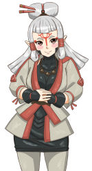 Rule 34 | blush, blush stickers, breasts, brown eyes, coat, dress, facial mark, fingerless gloves, forehead tattoo, gloves, hair ornament, hair stick, hair tubes, highres, jewelry, leggings, long hair, long sleeves, looking at viewer, necklace, nintendo, pantyhose, paya (zelda), pointy ears, simple background, sleeveless, sleeveless dress, smile, solo, the legend of zelda, the legend of zelda: breath of the wild, turtleneck, white background, white hair, white pantyhose, yawake
