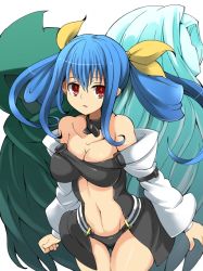 Rule 34 | 1girl, arc system works, bare shoulders, blue hair, breasts, cleavage, collar, detached sleeves, dizzy (guilty gear), guilty gear, hair ribbon, large breasts, long hair, long sleeves, midriff, navel, necro (guilty gear), red eyes, ribbon, shamanwer, solo, twintails, undine (guilty gear), white background, wings