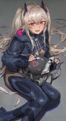 Rule 34 | 1girl, absurdres, black nails, blonde hair, blush, bodysuit, commentary, crossed bangs, english commentary, free style (yohan1754), highres, indie virtual youtuber, long hair, looking at viewer, nail polish, parted lips, red eyes, robot, saruei (vtuber), scar, scar across eye, smile, twintails, virtual youtuber