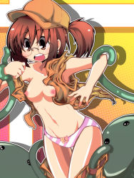 Rule 34 | blush, breasts, brown hair, clothes pull, fio germi, glasses, hat, large breasts, metal slug, monster, navel, nipples, open clothes, open mouth, open shirt, panties, pants, pants pull, ponytail, restrained, shirt, snk, striped clothes, striped panties, tanashi (mk2), tentacles, underwear