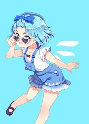Rule 34 | circled 9, 1girl, adapted costume, adjusting eyewear, alternate hairstyle, bangs pinned back, black footwear, blue background, blue bow, blue eyes, blue hair, blue theme, bow, casual, cirno, contemporary, fang, frilled shorts, frilled sleeves, frills, glasses, hair bow, highres, looking at viewer, looking over eyewear, mary janes, matching hair/eyes, no socks, open mouth, outstretched arm, overalls, pinky out, red bow, satomachi, shoes, short hair, short sleeves, shorts, simple background, solo, sunglasses, suspenders, topknot, touhou, wings