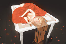 Rule 34 | 1girl, breasts, brown hair, choker, cleavage, collarbone, desk, dress, gradient background, highres, long hair, looking at viewer, lying, on side, original, parted lips, petals, red dress, red eyes, solo, throtem