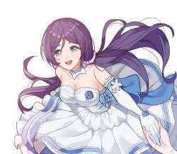 Rule 34 | 1girl, bare shoulders, blue bow, blue eyes, blue flower, bow, breasts, cleavage, detached collar, dress, dress bow, elbow gloves, flower, gloves, holding hands, inkyumh95 (peak), large breasts, long hair, looking at viewer, love live!, love live! school idol festival, love live! school idol project, medium breasts, open mouth, purple hair, simple background, smile, standing, tojo nozomi, very long hair, white background, white dress, white gloves