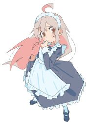 Rule 34 | 1girl, ahoge, alternate costume, apron, blue footwear, blush, brown pupils, closed mouth, clothes lift, colored inner hair, dress, dress lift, enmaided, enorari, flat chest, floating hair, frilled apron, frilled dress, frills, full body, furrowed brow, genderswap, genderswap (mtf), grey hair, hair between eyes, hand up, highres, juliet sleeves, legs apart, lifted by self, long hair, long sleeves, looking at viewer, maid, maid apron, maid headdress, mary janes, multicolored hair, onii-chan wa oshimai!, orange eyes, oyama mahiro, pink hair, puffy sleeves, purple dress, shoes, simple background, sleeve cuffs, smile, solo, standing, tears, two-tone hair, very long hair, white apron, white background