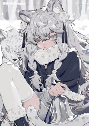 Rule 34 | 1girl, absurdres, animal ear fluff, animal ears, arknights, bell, black cloak, blush, braid, breath, cloak, cold, commentary, dated, dress, eyelashes, grey dress, grey eyes, highres, holding, holding bell, leopard, leopard ears, leopard tail, long hair, looking at viewer, one eye closed, outdoors, parted lips, pramanix (arknights), side braids, silver hair, sitting, snow, snowing, solo, tail, taowu (20809), thighhighs, twin braids, twitter username, white thighhighs