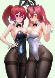 Rule 34 | 2girls, ahoge, alternate costume, animal ears, asymmetrical docking, black bow, black bowtie, black leotard, black pantyhose, bow, bowtie, brave girl ravens, breast press, breasts, character request, covered navel, crop top, detached collar, dorachan r, hand on own hip, highres, horns, i-168 (kancolle), kantai collection, large breasts, leotard, long hair, multiple girls, pantyhose, playboy bunny, ponytail, rabbit ears, red eyes, red hair, simple background, strapless, strapless leotard, thighband pantyhose, white background, white leotard, wrist cuffs