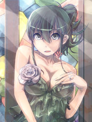 Rule 34 | 10s, 1girl, alternate hairstyle, bare shoulders, breasts, cleavage, collarbone, flower, green eyes, green hair, hair ornament, hairclip, kantai collection, large breasts, matching hair/eyes, open mouth, pasteljam, personification, rose, short hair, sleeveless, solo, suzuya (kancolle), white rose