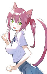 Rule 34 | 1girl, animal ear fluff, animal ears, blue neckerchief, blue skirt, cat ears, cat girl, cat tail, green eyes, grey background, hair between eyes, hakasesuitchi, long hair, neckerchief, open mouth, original, purple hair, shirt tucked in, simple background, sketch, skirt, smile, solo, tail, teeth, twintails, upper teeth only, v