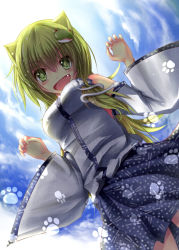 Rule 34 | 1girl, animal ears, bad id, bad pixiv id, blush, breasts, cat ears, cat girl, detached sleeves, fang, female focus, frog hair ornament, green eyes, green hair, hair ornament, hair tubes, highres, kemonomimi mode, kochiya sanae, long hair, matching hair/eyes, missile228, open mouth, skirt, smile, snake, solo, symbol-shaped pupils, touhou