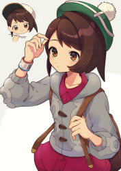Rule 34 | 1girl, :i, absurdres, backpack, bag, baseball cap, blush, blush stickers, bob cut, brown bag, brown eyes, brown hair, buttons, cardigan, closed mouth, collared dress, commentary request, creatures (company), dress, eating, eyelashes, food, food on face, game freak, gloria (pokemon), green headwear, grey cardigan, hand up, hat, highres, holding, holding spoon, holding strap, hooded cardigan, looking at hand, multiple views, nintendo, pokemon, pokemon swsh, short hair, spoon, tam o&#039; shanter, yamunashi