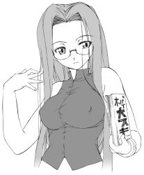 Rule 34 | 00s, 1girl, breasts, covered erect nipples, face, fate/stay night, fate (series), glasses, greyscale, large breasts, medusa (fate), medusa (rider) (fate), monochrome, simple background, solo, square pupils, yamaguchi homupe