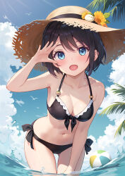 1girl arisugawa_riu arm_up armpits ball bare_shoulders beachball bent_over bikini black_bikini black_hair blue_eyes blue_sky blush breasts front-tie_bikini_top front-tie_top hat highres medium_breasts medium_hair navel ocean open_mouth original palm_tree partially_submerged rebun side-tie_bikini_bottom sky smile straw_hat swimsuit tree