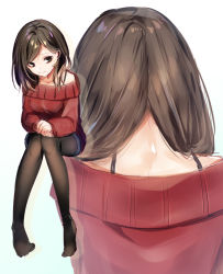 Rule 34 | 1girl, ayamori mimi, bare shoulders, black pantyhose, brown eyes, brown hair, closed mouth, from behind, highres, legs together, multiple views, nape, original, own hands together, pantyhose, pantyhose under shorts, ribbed sweater, shorts, simple background, sitting, smile, spaghetti strap, sweater, swept bangs, white background