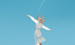 Rule 34 | 1girl, blue background, blue sky, brown footwear, brown hair, clear sky, contrail, day, facing away, floating hair, from behind, grey skirt, grey vest, highres, loafers, long sleeves, original, outstretched arms, pleated skirt, shirt, shoe soles, shoes, skirt, skirt set, sky, solo, spread arms, standing, standing on one leg, vest, white shirt, yuribou