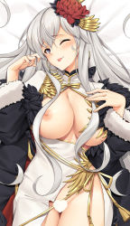 Rule 34 | 1girl, azur lane, black coat, blush, breasts, breasts out, china dress, chinese clothes, coat, dakimakura (medium), dress, earrings, enterprise (azur lane), enterprise (blooming peony) (azur lane), feather-trimmed coat, feather trim, flower, hair flower, hair ornament, hoop earrings, jewelry, large breasts, long hair, looking at viewer, nipples, one eye closed, open clothes, open dress, purple eyes, silver hair, smile, solo, tongue, tongue out, tony guisado, very long hair, white dress