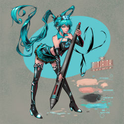 Rule 34 | 1girl, adapted costume, aqua eyes, aqua hair, aqua nails, artist name, bent over, black thighhighs, boots, breasts, cleavage, color guide, detached collar, elbow gloves, full body, gloves, hatsune miku, headgear, high heel boots, high heels, lips, long hair, matching hair/eyes, medium breasts, midriff, miniskirt, nail polish, oversized object, partially fingerless gloves, pleated skirt, race queen, racing miku, shiny clothes, skirt, solo, stylus, the phantom lim, thigh boots, thighhighs, twintails, very long hair, vocaloid