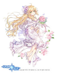 Rule 34 | 1girl, :d, ahoge, astro and girls, blonde hair, breasts, bride, character request, cleavage, dress, earrings, flower, gloves, green eyes, high heels, holding, holding flower, jewelry, large breasts, long hair, open mouth, pingo, shoes, short sleeves, smile, solo, teeth, white dress, white gloves