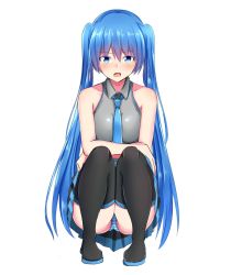 Rule 34 | 1girl, :o, bare arms, bare shoulders, baretto (karasi07), black footwear, black skirt, blue eyes, blue hair, blue necktie, blue panties, blush, boots, collared shirt, fang, full body, grey shirt, hatsune miku, highres, long hair, looking at viewer, miniskirt, necktie, open mouth, panties, pantyshot, shirt, simple background, skirt, sleeveless, sleeveless shirt, solo, squatting, striped clothes, striped panties, thigh boots, thighhighs, twintails, underwear, upskirt, very long hair, vocaloid, white background, wing collar