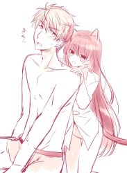 Rule 34 | 1boy, 1girl, animal ears, blush, briefs, cat ears, cat tail, hands on another&#039;s shoulders, izumi makoto, long hair, male underwear, naked shirt, open mouth, original, shirt, sketch, ^^^, tail, underwear, very long hair