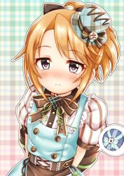 Rule 34 | 1girl, apron, arms behind back, black apron, black bow, blue apron, blue headwear, blush, bow, box, brown hair, closed mouth, collared shirt, commentary request, dress shirt, gift, gift box, grey eyes, hair bow, highres, idolmaster, idolmaster cinderella girls, idolmaster cinderella girls starlight stage, looking at viewer, plaid, plaid background, plaid headwear, ponytail, puffy short sleeves, puffy sleeves, regular mow, revision, shirt, short sleeves, solo, tilted headwear, upper body, waist apron, wavy mouth, white shirt, yuuki haru