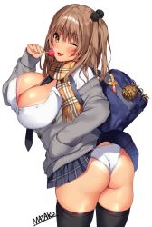 Rule 34 | 1girl, artist name, ass, bad id, bad twitter id, bag, between breasts, bikini tan, blush, breasts, brown eyes, brown hair, buttons, candy, cleavage, commentary request, figure, food, from behind, gal jk, gyaru, hair ornament, holding, huge breasts, kogal, lollipop, long hair, long sleeves, looking at viewer, looking back, mataro (matarou), necktie, necktie between breasts, one eye closed, open mouth, original, panties, pantyshot, pleated skirt, pom pom (clothes), scarf, school bag, school uniform, shiny skin, shirt, side ponytail, signature, simple background, skirt, skytube, smile, solo, tan, tanline, thighs, twisted torso, underwear, upskirt, wedgie, white background, white panties, white shirt, winter clothes