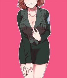 Rule 34 | 1girl, azumi (girls und panzer), black jacket, black skirt, breasts, brown hair, cleavage, clothes pull, commentary, cowboy shot, emblem, facing viewer, girls und panzer, hand on own thigh, head out of frame, jacket, jacket pull, large breasts, leaning forward, long sleeves, military, military uniform, miniskirt, no shirt, outline, parted lips, pencil skirt, pink background, pulling own clothes, selection university (emblem), selection university military uniform, short hair, skirt, smile, solo, standing, torinone, uniform, white outline