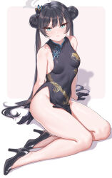 Rule 34 | bare arms, bare legs, bare shoulders, black dress, black gloves, black hair, blue archive, breasts, butterfly hair ornament, china dress, chinese clothes, commentary request, double bun, dragon print, dress, fangxiang cuoluan, gloves, grey eyes, hair bun, hair ornament, halo, high heels, highres, impossible clothes, impossible dress, kisaki (blue archive), long hair, looking at viewer, pelvic curtain, print dress, sitting, sleeveless, sleeveless dress, small breasts, solo, twintails