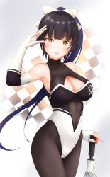 Rule 34 | 1girl, absurdres, azur lane, black hair, black pantyhose, blunt bangs, bodystocking, breasts, ca paria, checkered background, cleavage, cleavage cutout, clothing cutout, cowboy shot, elbow gloves, extra ears, finger to mouth, gloves, hair ears, hair flaps, hair ribbon, highleg, highleg leotard, highres, large breasts, leotard, long hair, pantyhose, planted, planted umbrella, ponytail, race queen, ribbon, salute, solo, standing, takao (azur lane), takao (full throttle charmer) (azur lane), two-tone leotard, umbrella, white gloves, white ribbon