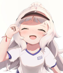 Rule 34 | 1girl, :d, ^ ^, absurdres, azur lane, blunt bangs, blush, buruma, clenched hand, closed eyes, commentary, fang, fiido, from above, gym uniform, happy, highres, long hair, looking at viewer, looking up, mole, mole under eye, name tag, open mouth, silver hair, simple background, smile, solo, sweat, tattoo, visor cap, white background, z46 (azur lane), z46 (girls&#039; relay) (azur lane)
