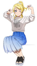 Rule 34 | 1girl, arm up, ayase eli, bad id, bad pixiv id, blonde hair, blouse, blue eyes, blue nails, blue skirt, blush, closed mouth, earrings, full body, grey footwear, hair ornament, hair scrunchie, hand up, high ponytail, highres, icehotmilktea, jewelry, long sleeves, love live!, love live! school idol project, nail polish, one eye closed, pleated skirt, ponytail, print shirt, sandals, scrunchie, shirt, sitting, skirt, solo, v over eye, white background, white scrunchie, white shirt