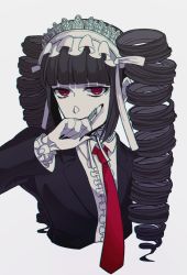Rule 34 | 10s, 1girl, black hair, black nails, blunt bangs, bonnet, celestia ludenberg, claw ring, danganronpa: trigger happy havoc, danganronpa (series), drill hair, fingernails, gothic lolita, grey background, hisida, index finger raised, lolita fashion, long fingernails, long hair, looking at viewer, nail polish, necktie, red eyes, red necktie, simple background, solo, twin drills, twintails, upper body