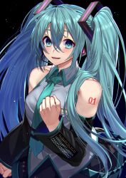 Rule 34 | 1girl, :d, absurdres, bare shoulders, black skirt, black sleeves, blush, breast pocket, breasts, clenched hand, collared shirt, detached sleeves, gradient background, green eyes, green necktie, grey shirt, hair ornament, hatsune miku, highres, kameno sachi, large breasts, long hair, long sleeves, looking at viewer, lower teeth only, necktie, number tattoo, open mouth, pocket, shirt, shoulder tattoo, skirt, smile, solo, tattoo, teeth, tongue, twintails, vocaloid