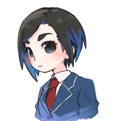 Rule 34 | black eyes, black hair, blouse, blue jacket, collared jacket, commentary request, cropped torso, enuma (uma-festival), eyebrows hidden by hair, eyelashes, formal, idolmaster, idolmaster cinderella girls, jacket, light blush, looking at viewer, matsuo chizuru, necktie, parted bangs, red necktie, serious, shirt, short hair, sideways glance, solo, swept bangs, thick thighs, thighs, upper body, white background, white shirt, wing collar