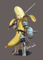 Rule 34 | 1boy, alternate costume, armor, banana, belt, chainmail, copyright name, dark souls (series), dark souls i, dated, david semsei, drawfag, english text, food, food focus, from software, fruit, full armor, gauntlets, greaves, halloween, huge weapon, knight, male focus, no humans, scabbard, sheath, shield, siegmeyer of catarina, signature, simple background, solo, spikes, sword, weapon, what