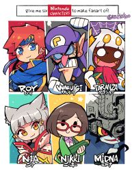 Rule 34 | 3boys, 3girls, :3, absurdres, animal ears, cat ears, company connection, english text, engrish text, fangs, fire emblem, fire emblem: the binding blade, glasses, grey hair, hat, headband, highres, kirby: triple deluxe, kirby (series), mario (series), midna, monster girl, multiple boys, multiple drawing challenge, multiple girls, nia (xenoblade), nikki (swapnote), nintendo, pointy ears, ranguage, rariatto (ganguri), rayman limbs, red hair, roy (fire emblem), six fanarts challenge, smile, swapnote, taranza, the legend of zelda, the legend of zelda: twilight princess, waluigi, xenoblade chronicles (series), xenoblade chronicles 2