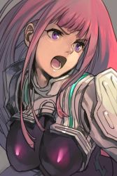 Rule 34 | 1girl, armor, bodysuit, breasts, grey background, hungry clicker, ken marinaris, large breasts, long hair, open mouth, pink hair, purple bodysuit, purple eyes, simple background, solo, upper body, zone of the enders
