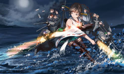 Rule 34 | 10s, ahoge, bare shoulders, boots, brown hair, chibi, cloud, detached sleeves, doraxi, fairy (kancolle), hiei (kancolle), kantai collection, long hair, moon, mountain, night, nontraditional miko, ocean, one eye closed, purple hair, short hair, sky, thigh boots, thighhighs, turret, twintails, water, wide sleeves