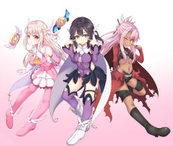 Rule 34 | 3girls, ;q, absurdres, ascot, bare shoulders, black footwear, black hair, boots, breasts, brown eyes, chloe von einzbern, closed mouth, commentary request, covered navel, cross, detached sleeves, earrings, fate/kaleid liner prisma illya, fate (series), gloves, gradient background, hair between eyes, hair ornament, hairclip, highres, illyasviel von einzbern, jewelry, knee boots, latin cross, leotard, light brown hair, long hair, long sleeves, magical ruby, magical sapphire, medium breasts, miyu edelfelt, multiple girls, navel, one eye closed, pink background, pink footwear, pink hair, pink legwear, pink shirt, pink sleeves, pleated skirt, prisma illya, purple legwear, purple leotard, purple sleeves, red eyes, shirt, skirt, sleeveless, sleeveless shirt, small breasts, smile, thigh boots, thighhighs, tongue, tongue out, very long hair, white background, white footwear, white gloves, white skirt, x hair ornament, yellow ascot, yellow eyes, zongren