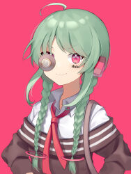 Rule 34 | 1bitheart, 1girl, absurdres, ahoge, braid, brown sweater, closed mouth, collared shirt, facial mark, haema (usnx2852), highres, light green hair, long hair, looking at viewer, mekami hiyu, monocle, necktie, off-shoulder sweater, off shoulder, red background, red eyes, red necktie, shirt, smile, solo, sweater, twin braids, white shirt