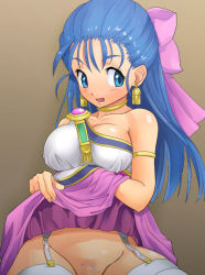 Rule 34 | 1girl, anshinmama, bare shoulders, blue eyes, blue hair, bow, breasts, cleavage, dragon quest, dragon quest v, dress, female pubic hair, flora (dq5), garter belt, garter straps, half updo, large breasts, long hair, matching hair/eyes, no panties, pink bow, pubic hair, solo, sum, thighhighs, white thighhighs