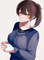 Rule 34 | 1girl, alternate costume, blue sweater, brown eyes, brown hair, expressionless, gradient background, highres, kaga (kancolle), kantai collection, long hair, own hands clasped, own hands together, ranran 3939, ribbed sweater, side ponytail, solo, sweater, upper body, white background