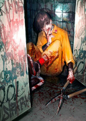 Rule 34 | 1boy, arm tattoo, badge, bathroom, blood, blood on clothes, blood splatter, brown hair, button badge, dark, ear piercing, earrings, graffiti, grin, highres, horror (theme), jewelry, jumpsuit, leg up, male focus, neck tattoo, one eye covered, original, piercing, purple eyes, rit3set, shears, shoes, short hair, sitting, smile, sneakers, socks, solo, squat toilet, tattoo, tongue, tongue out, undershirt, v over mouth