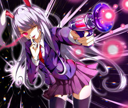 Rule 34 | 1girl, absurdres, animal ears, arm up, black background, black jacket, black thighhighs, blush, breasts, buttons, collared shirt, commentary request, crescent, crescent pin, cropped legs, danmaku, finger on trigger, finger to mouth, glowing, glowing eye, highres, jacket, large breasts, long hair, long sleeves, looking at viewer, lunatic gun, miniskirt, necktie, one eye closed, open mouth, pink skirt, pleated skirt, purple hair, rabbit ears, red eyes, red necktie, reisen udongein inaba, shirt, shushing, simple background, skirt, smile, solo, suit jacket, thighhighs, touhou, upper body, very long hair, white shirt, wing collar, yamanakaume