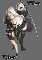 Rule 34 | 2girls, android, back-to-back, barefoot, black dress, black footwear, black thighhighs, blindfold, boots, brown eyes, dress, elbow gloves, gloves, hairband, high heels, highres, ihavetwoooo, joints, katana, long hair, looking back, multiple girls, nier (series), nier:automata, robot joints, short hair, short shorts, shorts, side slit, sword, tank top, thigh boots, thighhighs, thighs, toeless legwear, toes, weapon, white hair, 2b (nier:automata), a2 (nier:automata)