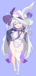 Rule 34 | 1girl, absurdres, barefoot, braid, breasts, cleavage, cleavage cutout, cloak, clothing cutout, colored eyelashes, commission, cosmos (minori), covered navel, diamond-shaped pupils, diamond (shape), full body, gogoco, hand on own hip, hat, highres, korean commentary, large breasts, leotard, long hair, mole, mole under eye, multicolored hair, open mouth, original, purple background, purple eyes, purple hair, rostina cosmos, side braid, simple background, single thighhigh, skindentation, solo, staff, standing, streaked hair, symbol-shaped pupils, thighhighs, toeless legwear, very long hair, white hair, white thighhighs, witch hat