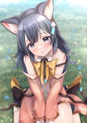 Rule 34 | 1girl, :o, absurdres, animal ear fluff, animal ears, atelier (series), atelier resleriana, bell, bell earrings, black footwear, black hair, blush, bow, cat ears, cat girl, detached sleeves, dress, earrings, grey eyes, hair between eyes, highres, izana kokoschka, jewelry, lens flare, looking at viewer, maruma (maruma gic), necklace, on grass, open mouth, pearl necklace, pink dress, promotional art, single earring, sitting, solo, sparkle, wariza, yellow bow