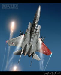 Rule 34 | 1boy, ace combat, ace combat zero, aim-9 sidewinder, aircraft, airplane, blue sky, contrail, dated, emblem, f-15 eagle, fighter jet, flares (countermeasure), helmet, highres, jet, larry foulke, letterboxed, military vehicle, missile, pilot, signature, sky, solo, watermark, zephyr164