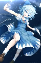 Rule 34 | 1girl, :d, blue bow, blue dress, blue eyes, blue hair, blush, bobby socks, bow, breasts, brown footwear, cirno, collared dress, commentary request, dated, dress, flying, hair bow, head tilt, highres, ice, kisamu (ksmz), loafers, neck ribbon, open mouth, outstretched arms, pinafore dress, red ribbon, ribbon, shirt, shoes, short hair, short sleeves, signature, sleeveless dress, small breasts, smile, socks, solo, spread arms, touhou, white shirt, white socks, wing collar
