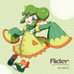 Rule 34 | 10s, 1girl, 2014, blue eyes, blush, character name, copyright name, dated, double bun, dress, full body, green background, green hair, horns, lidelle (puyopuyo), overalls, pointy ears, polka dot, polka dot background, puyopuyo, puyopuyo fever, rii (metro electro), shoes, short hair, sidelocks, sleeves past wrists, smile, solo, yellow dress